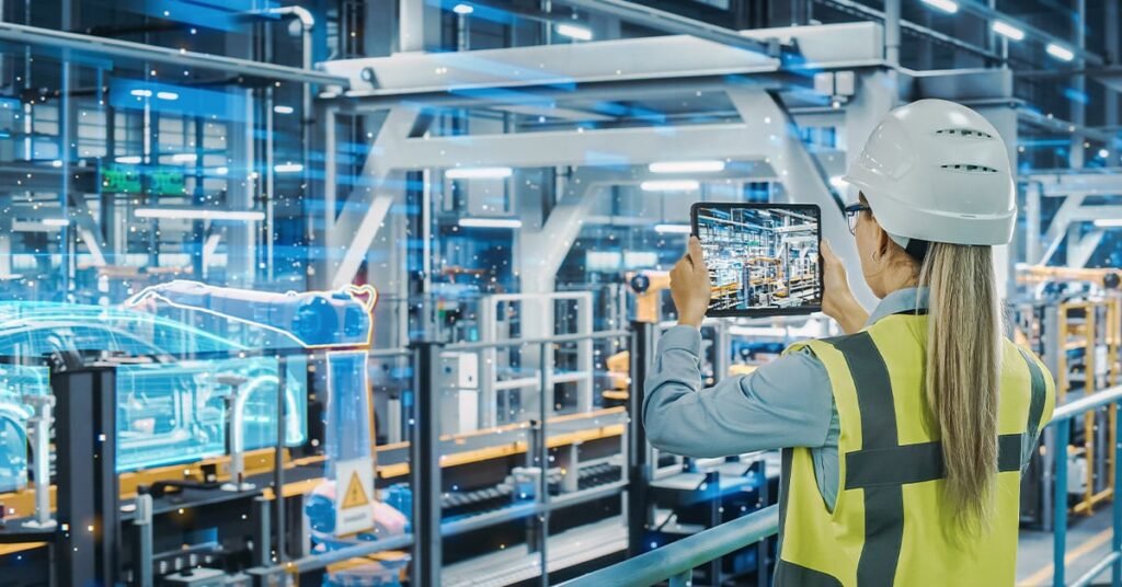 a man in safety vest taking a picture of a machine