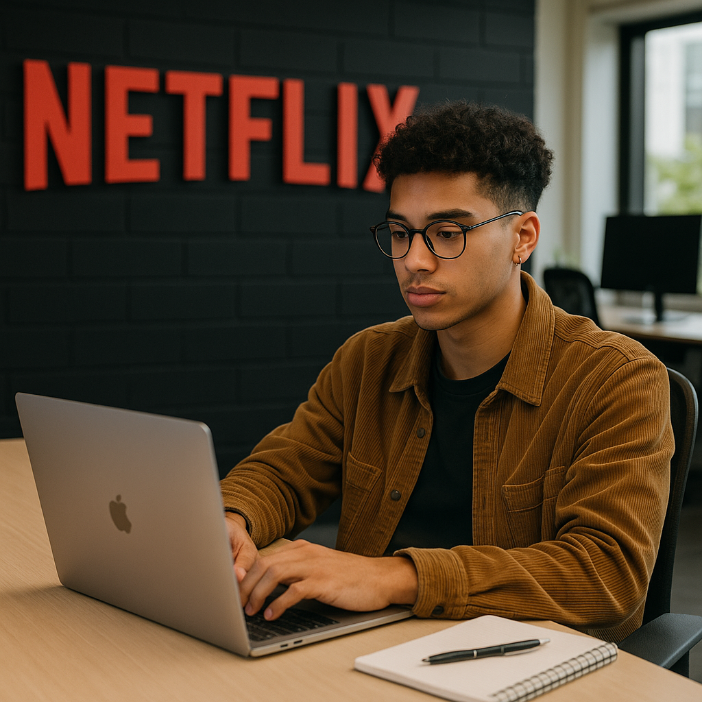 Pria muda bekerja dengan laptop di kantor Netflix.