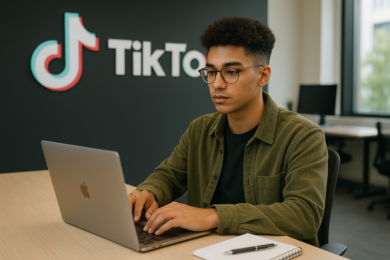 Pria muda bekerja dengan laptop di kantor TikTok.