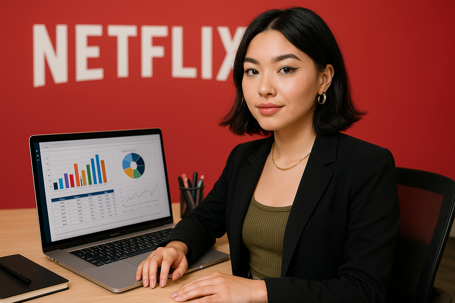 Perempuan muda bekerja sebagai data analyst di kantor dengan logo Netflix di belakangnya.