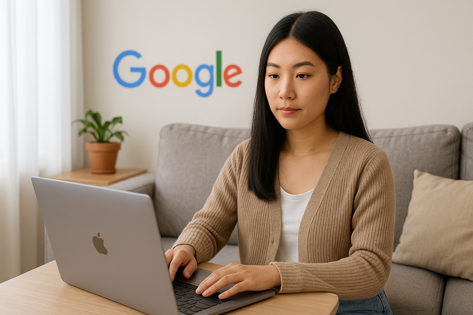 Perempuan muda Asia bekerja dari rumah dengan laptop, duduk di sofa, berlatar logo Google.