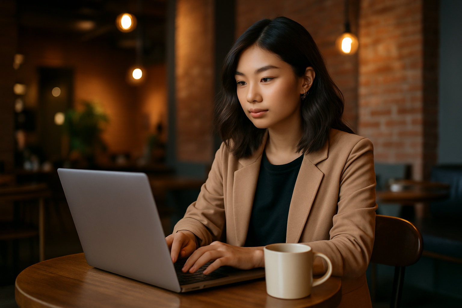 Perempuan Asia muda bekerja dengan laptop di dalam kafe bernuansa hangat.