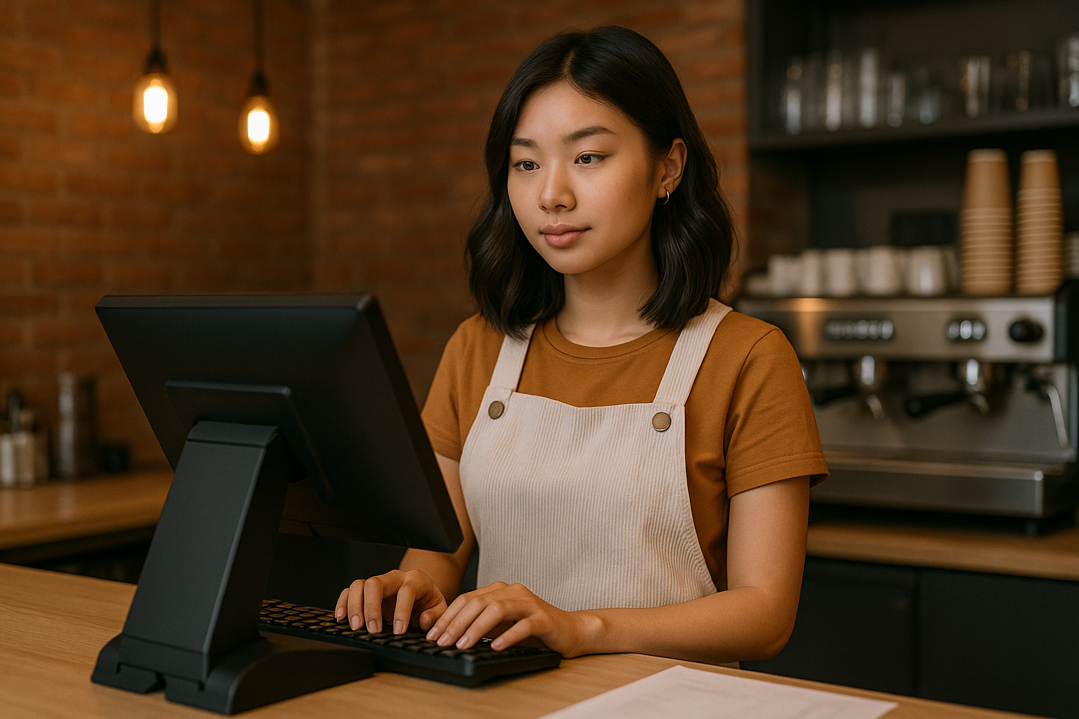 Perempuan muda Asia bekerja sebagai kasir di kafe, menggunakan komputer kasir.