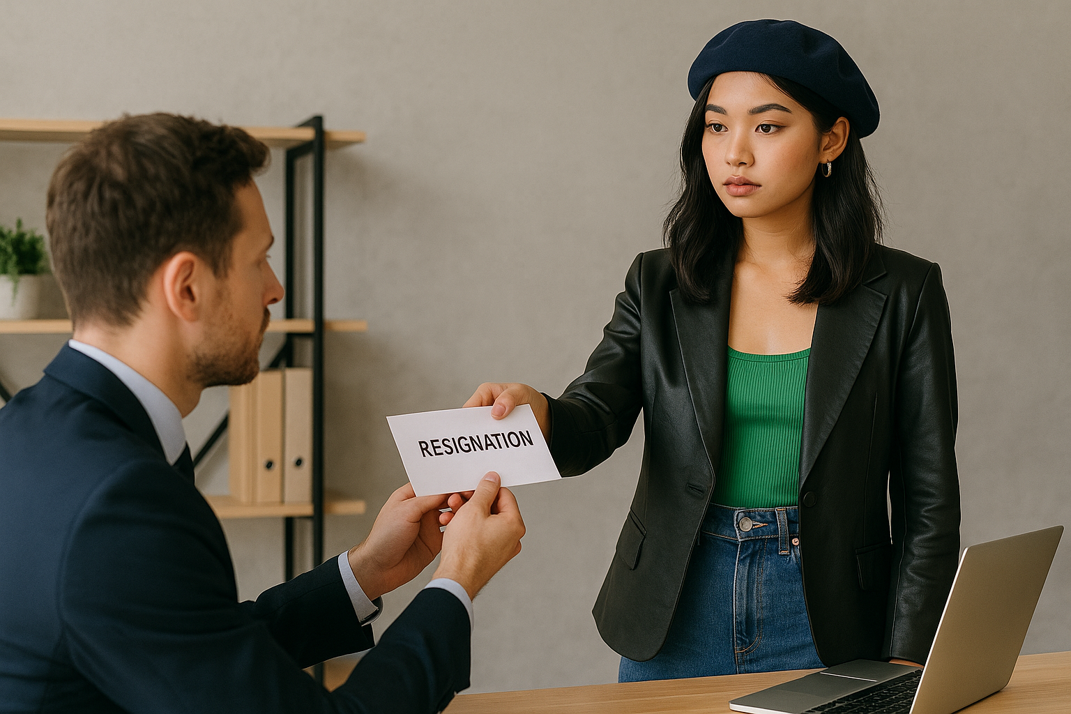 Perempuan muda Asia menyerahkan surat resign kepada atasan pria di ruang kantor modern.