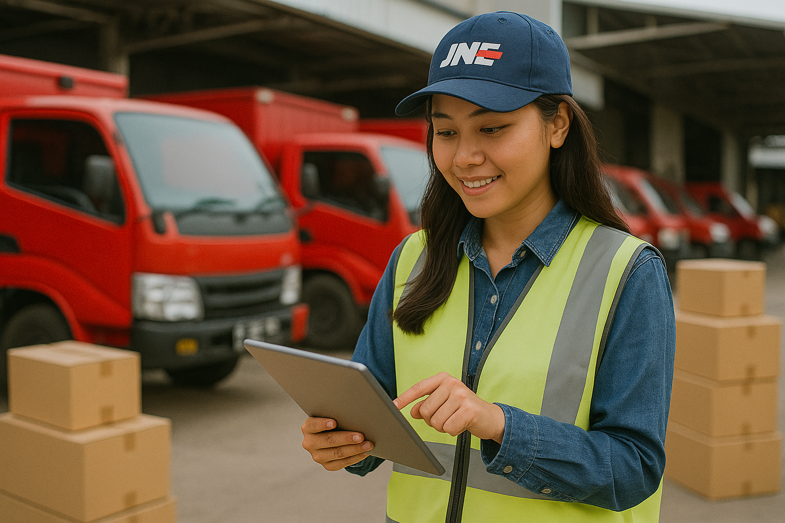 a woman in a vest and hat holding a tablet