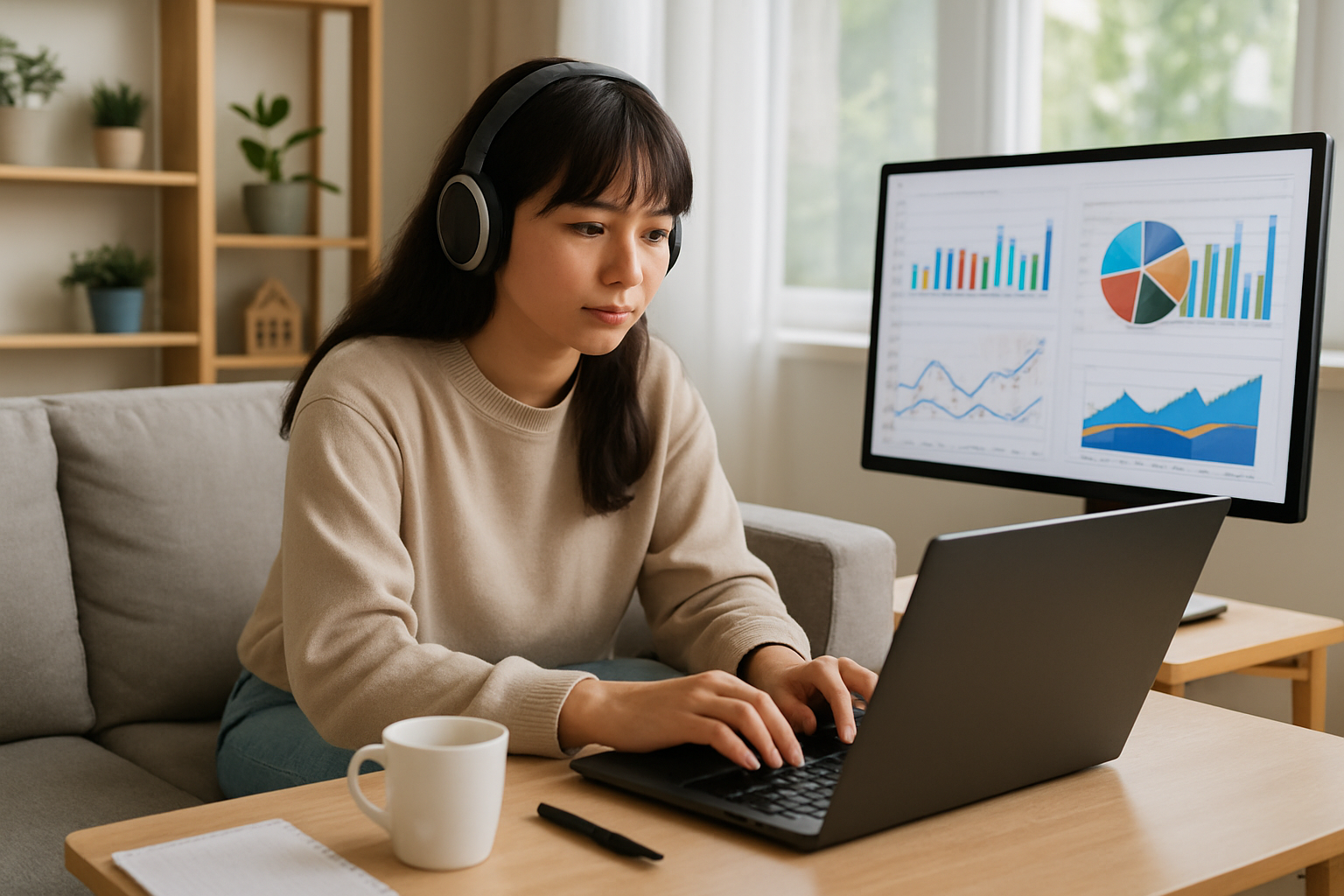 a woman wearing headphones and using a laptop