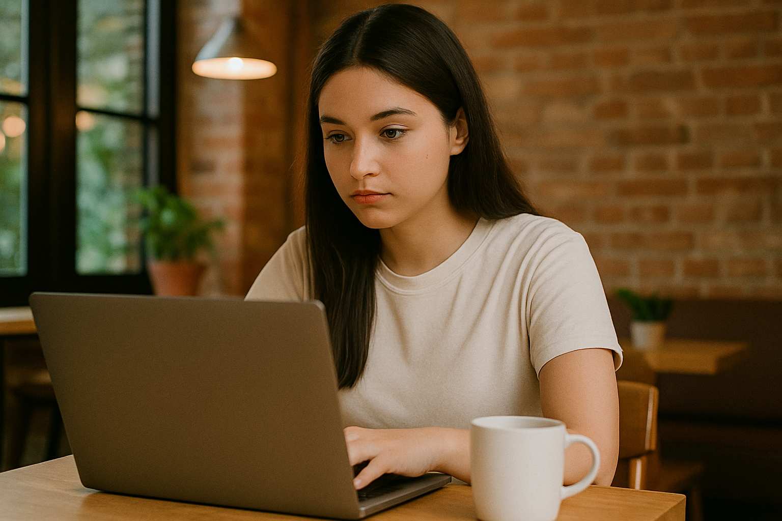 Perempuan sedang kerja remote di Cafe sendirian