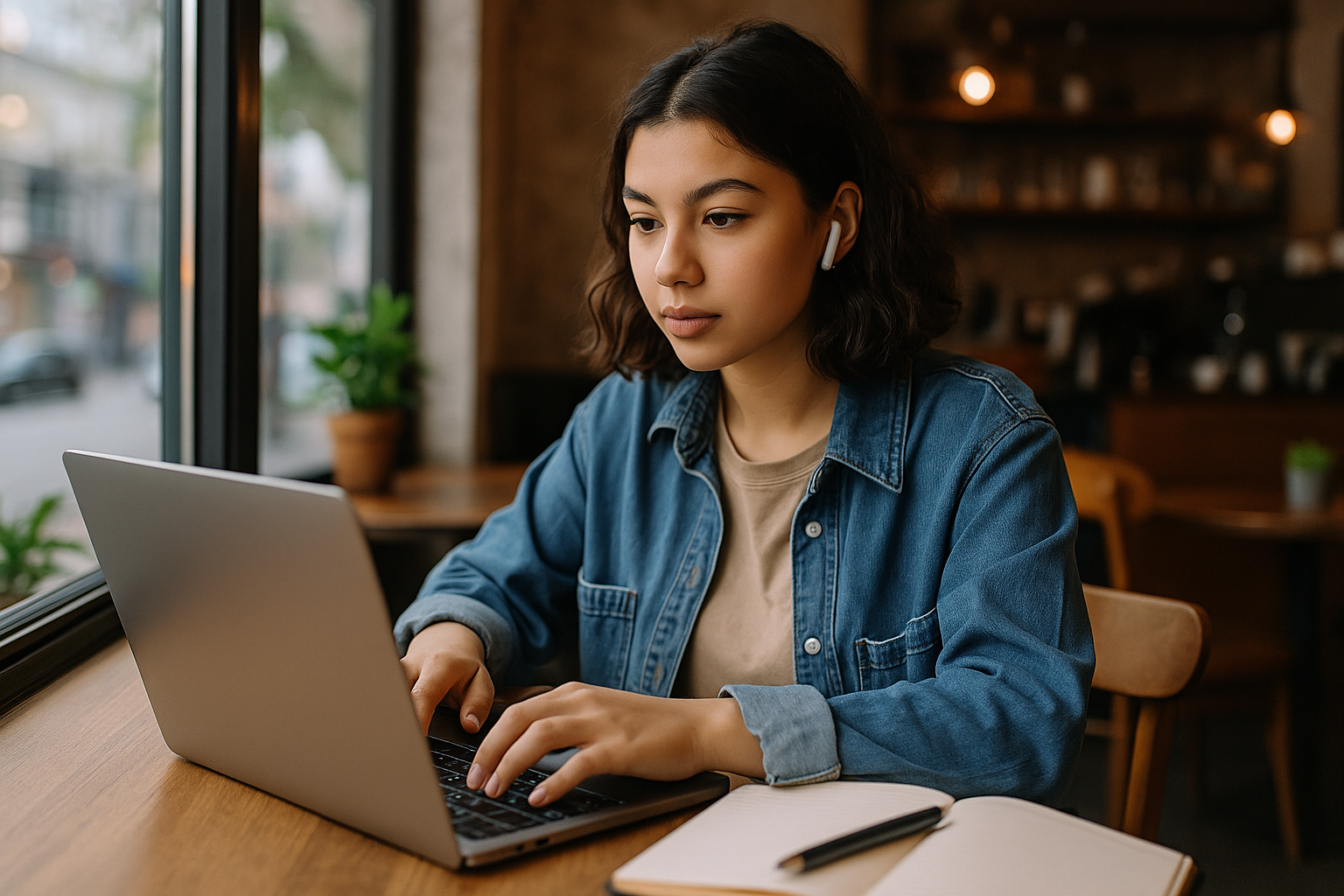 Perempuan Gen Z yang sedang bekerja remote dari cafe