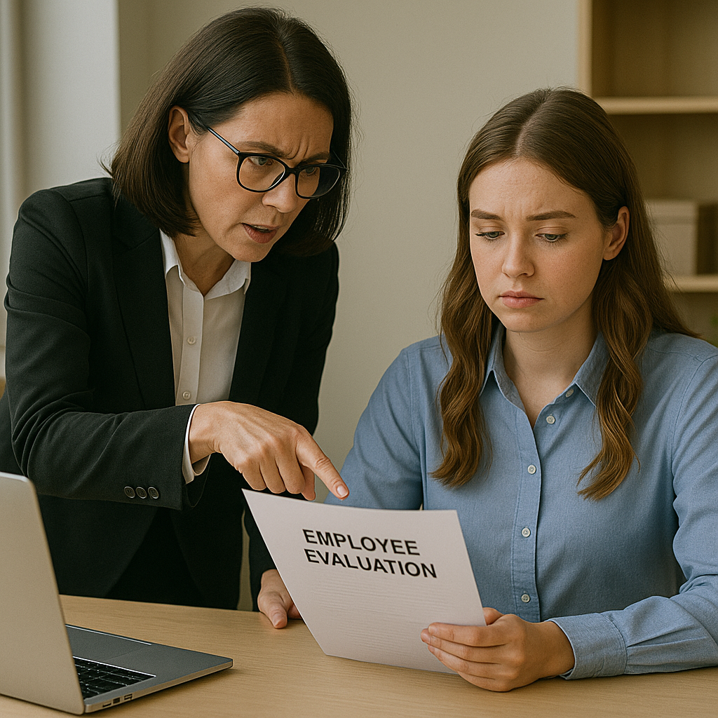 Gen Z perempuan sedang dievaluasi oleh atasan di ruang kantor