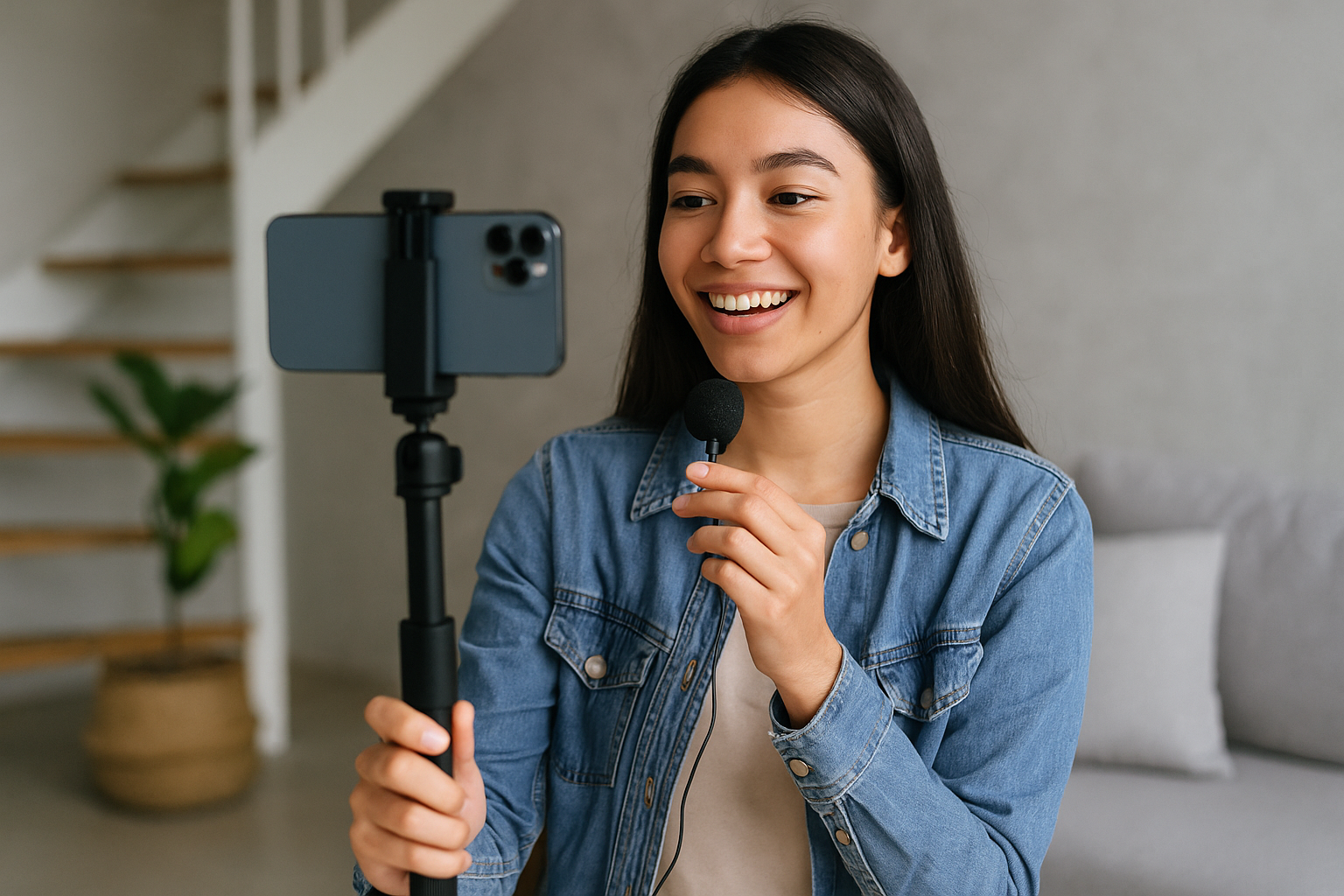Gen Z perempuan sedang membuat konten video dengan smartphone dan mikrofon.