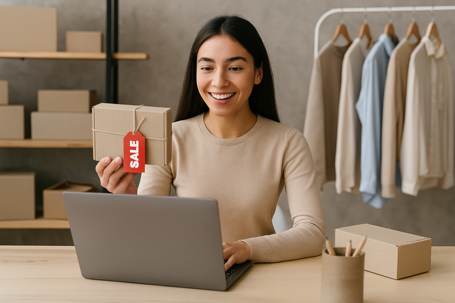 Gen Z perempuan sedang jualan online dari rumah menggunakan laptop.