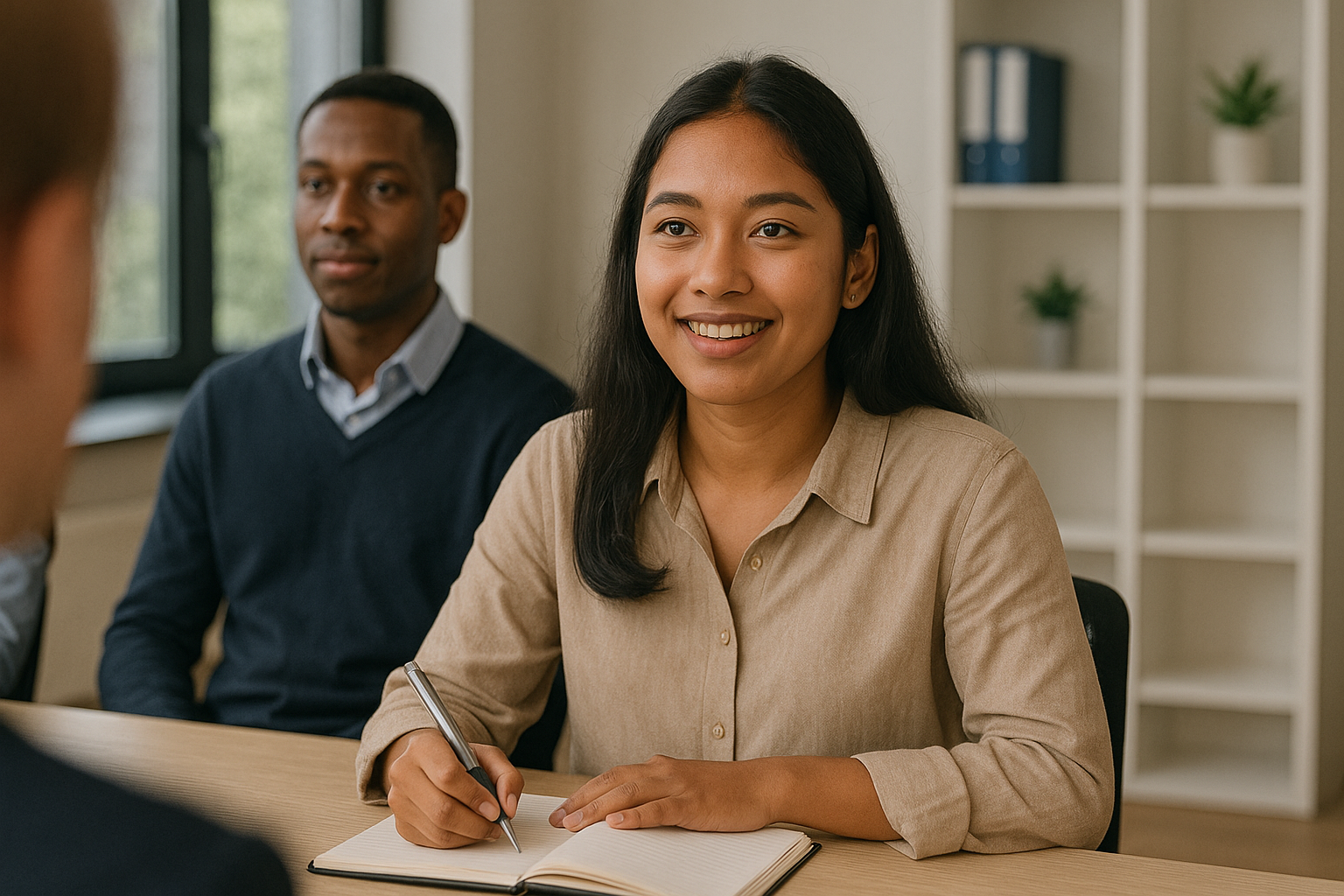 Perempuan muda sedang mengikuti sesi onboarding kerja di ruang meeting kantor