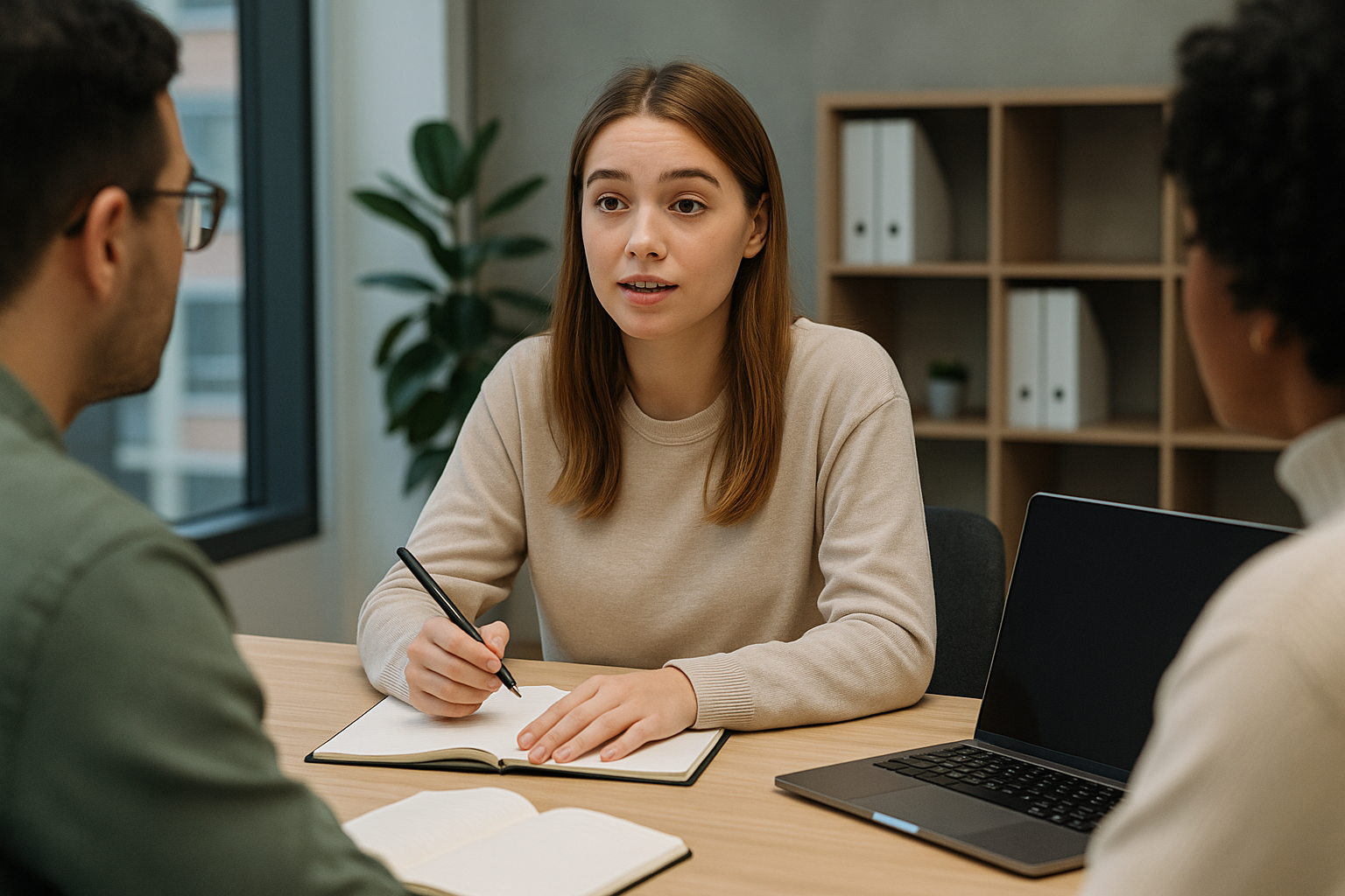 Perempuan Gen Z berpakaian kasual sedang mengikuti FGD di kantor