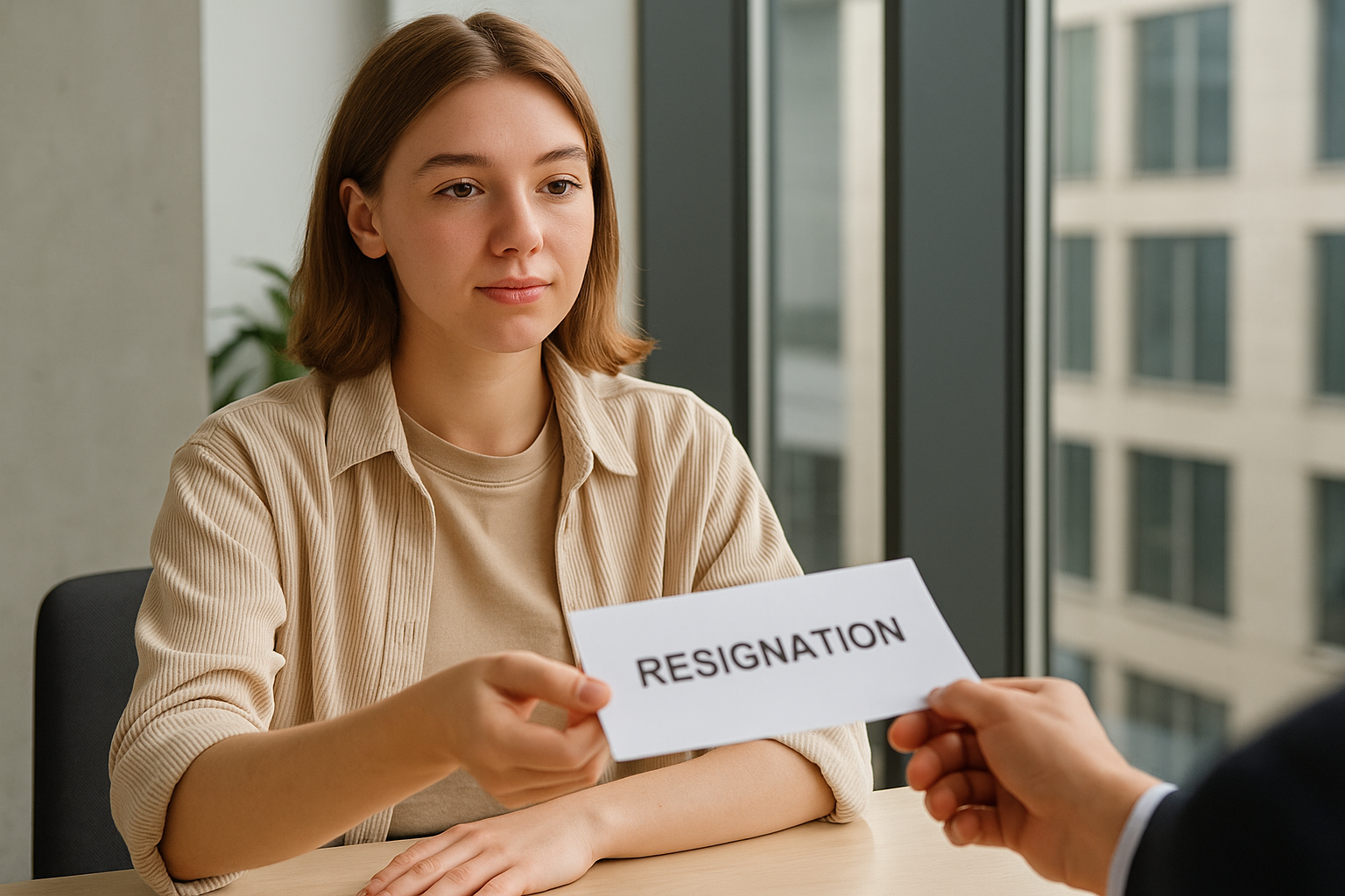 Perempuan Gen Z berpakaian kasual sedang mengajukan surat resign di kantor