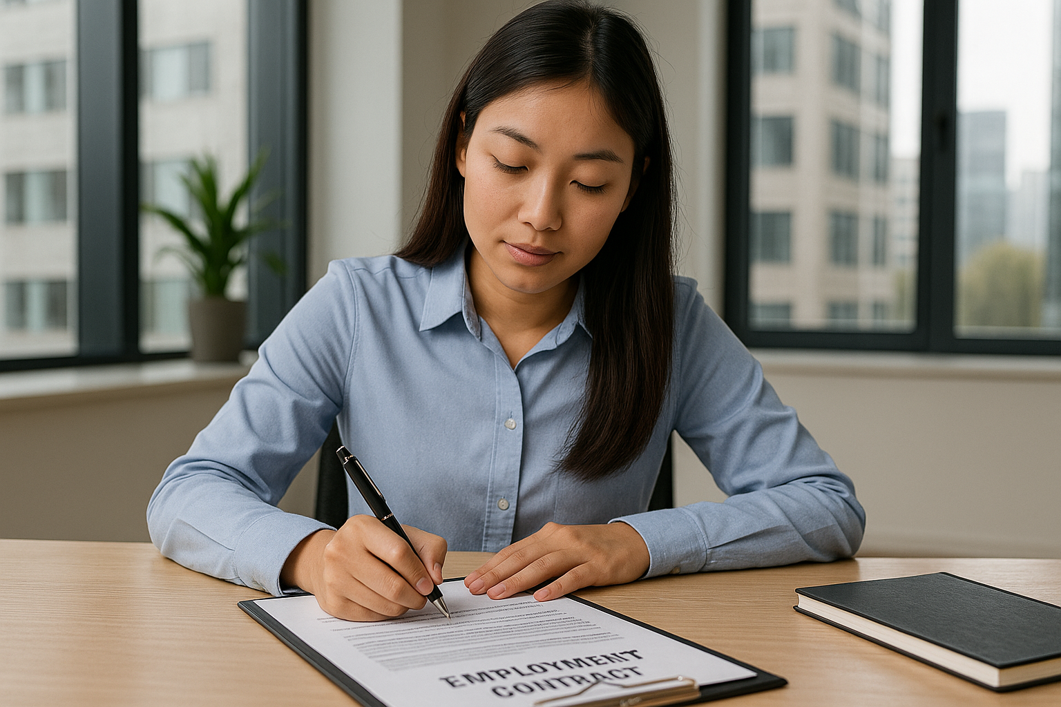 Perempuan Asia muda sedang menandatangani kontrak kerja di kantor
