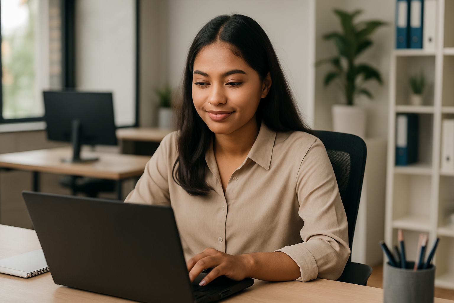 Perempuan muda Indonesia sedang bekerja di depan laptop di kantor