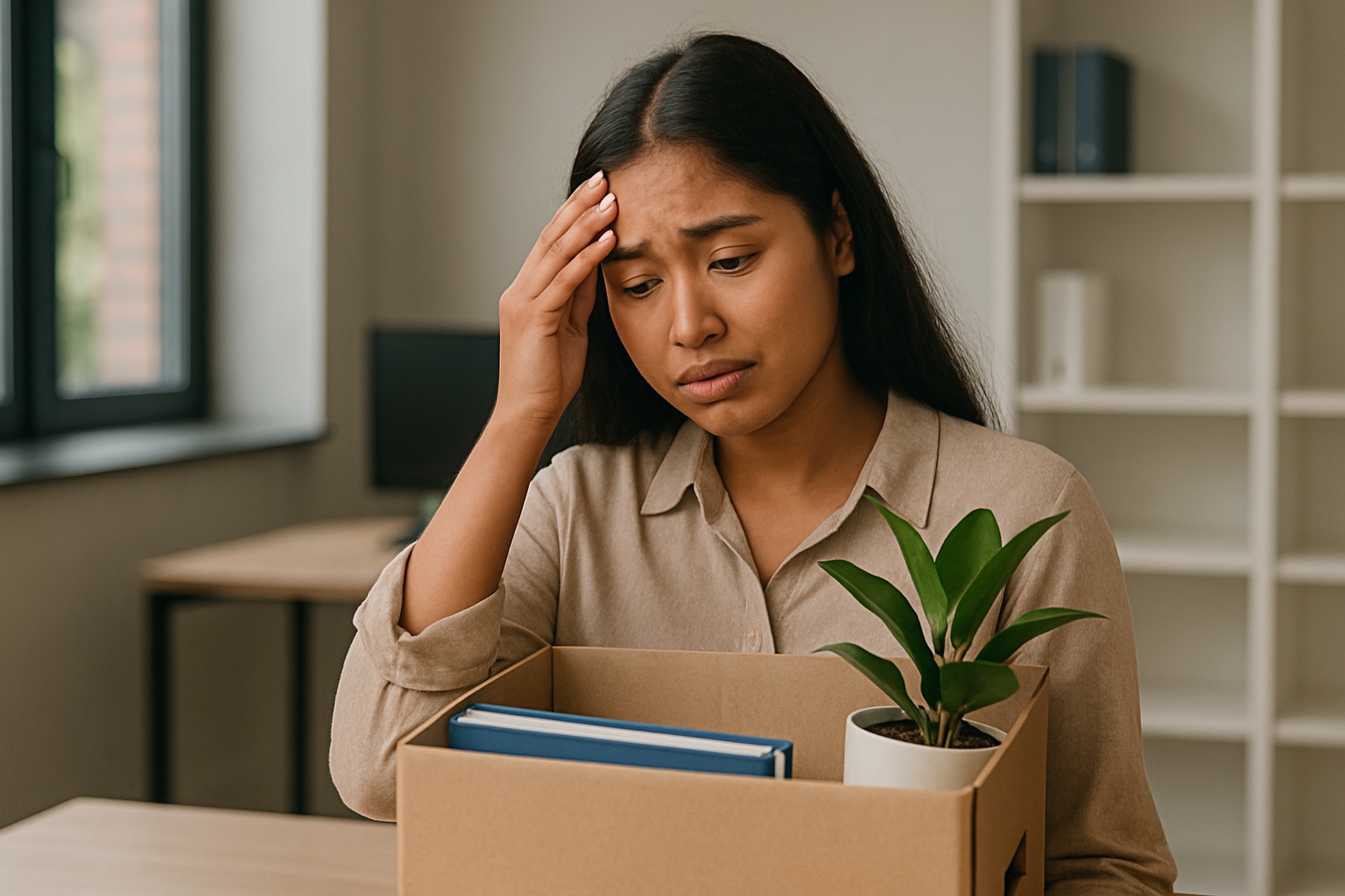 Perempuan muda sedang membawa kotak barang setelah terkena PHK