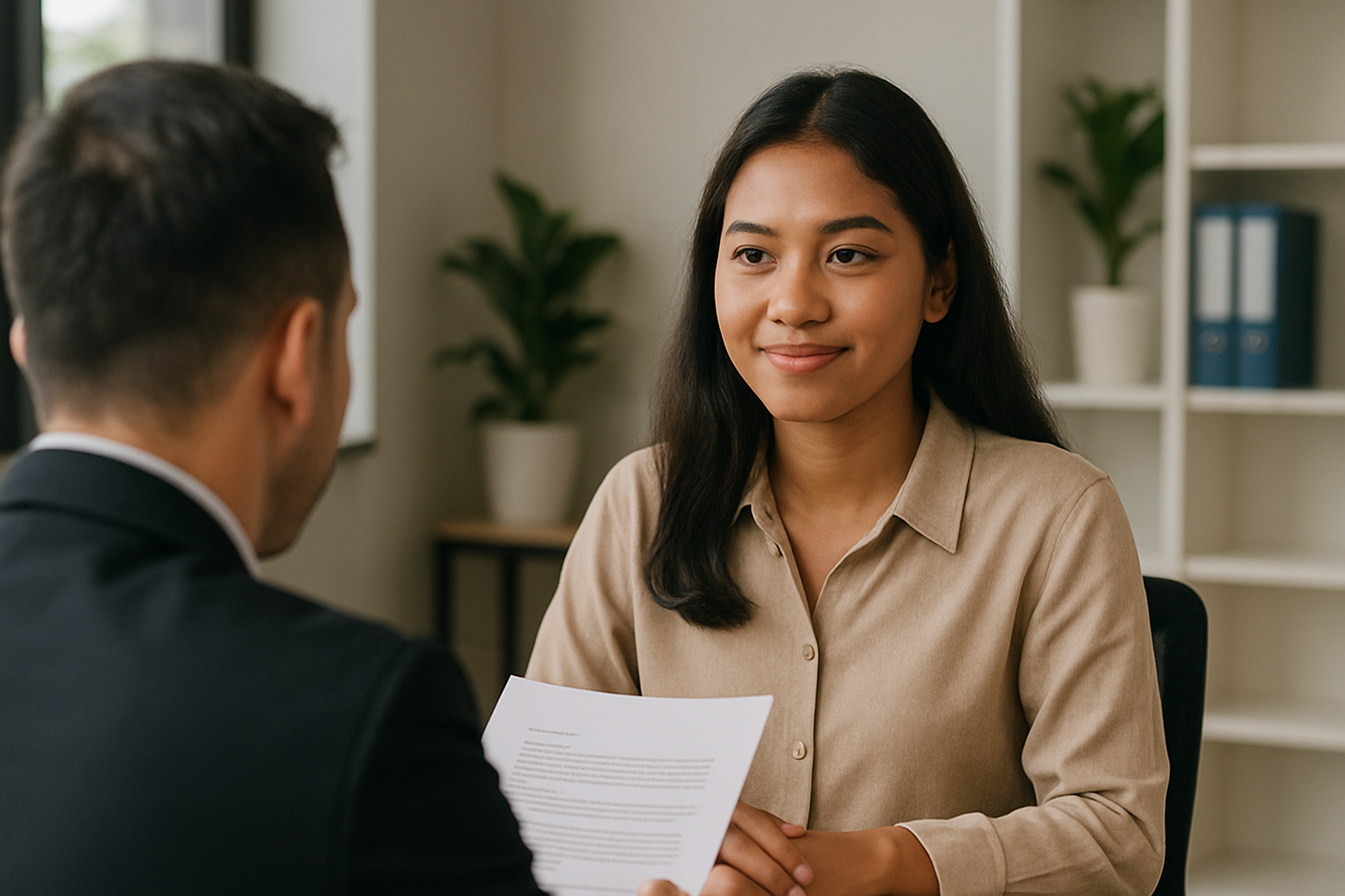 Perempuan muda Indonesia sedang menjalani wawancara kerja di kantor