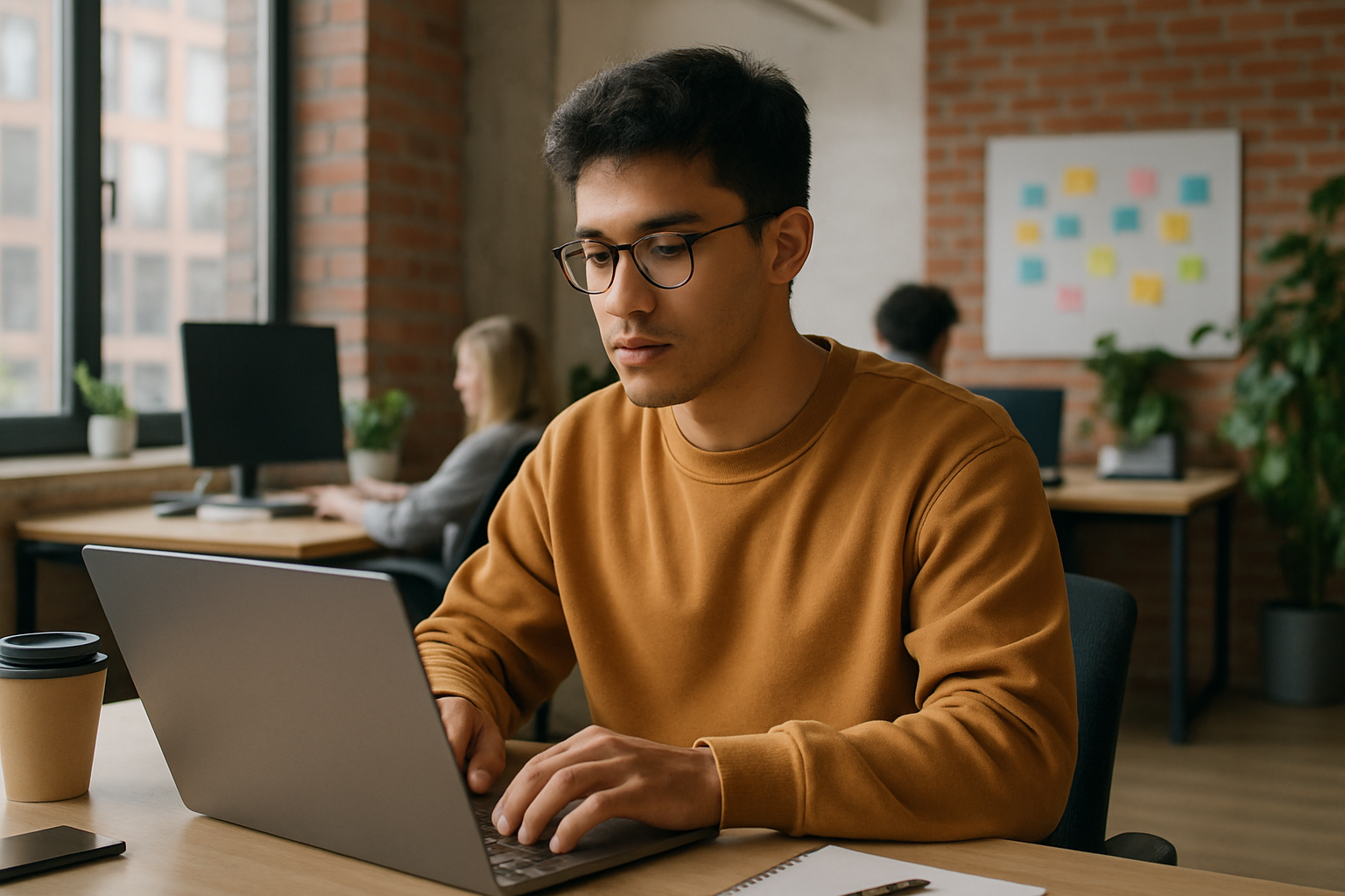 Pria Gen Z bekerja di startup dengan laptop di meja kantor modern