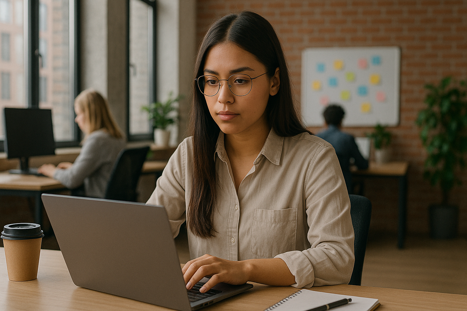 Perempuan Gen Z bekerja di startup dengan laptop di meja kerja