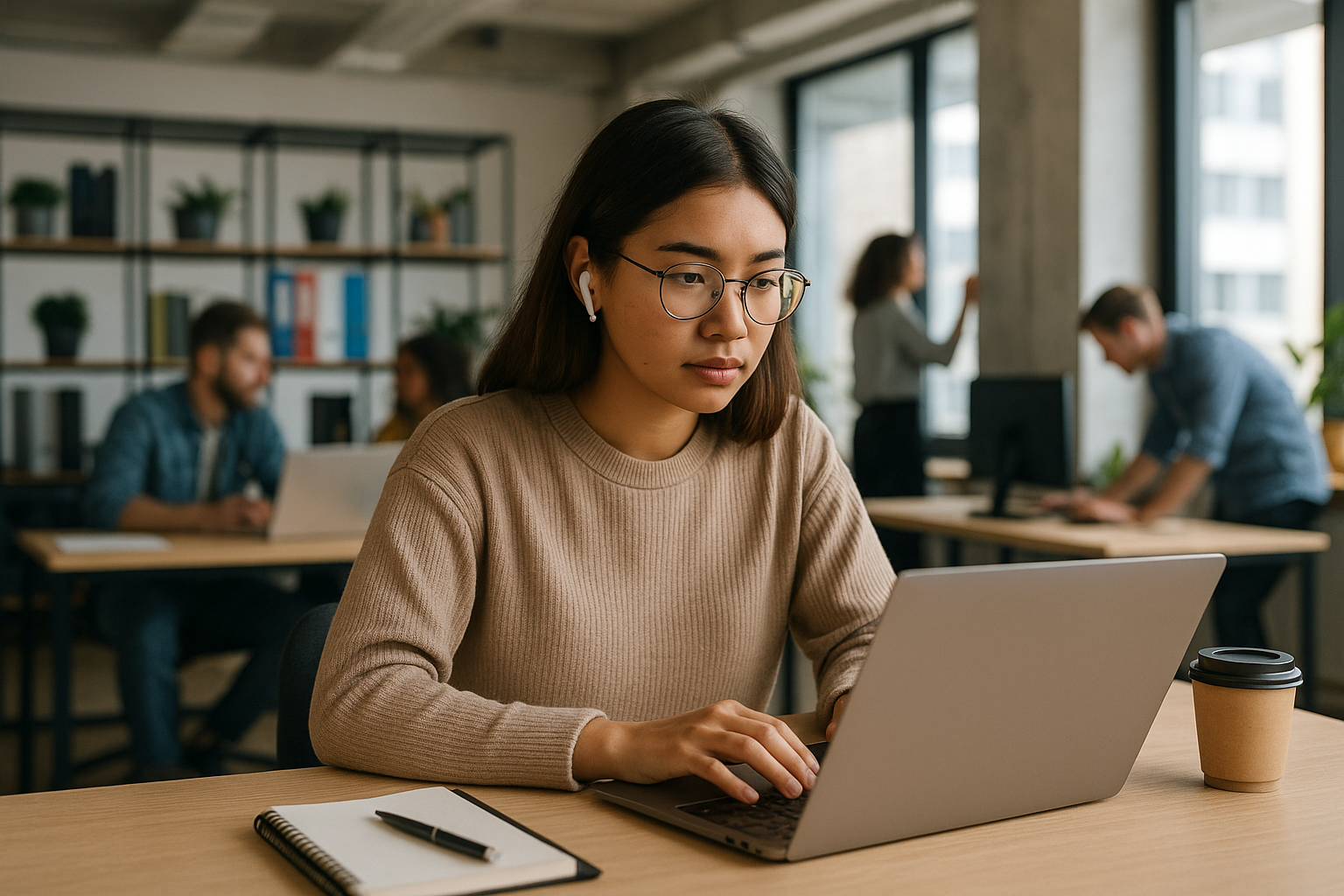 Perempuan Gen Z bekerja dengan laptop di kantor startup modern
