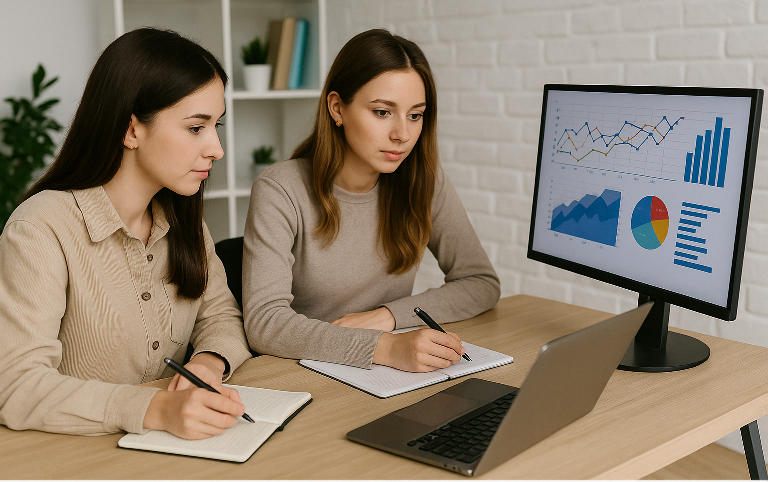 Perempuan Gen Z sedang belajar analisis data di depan komputer