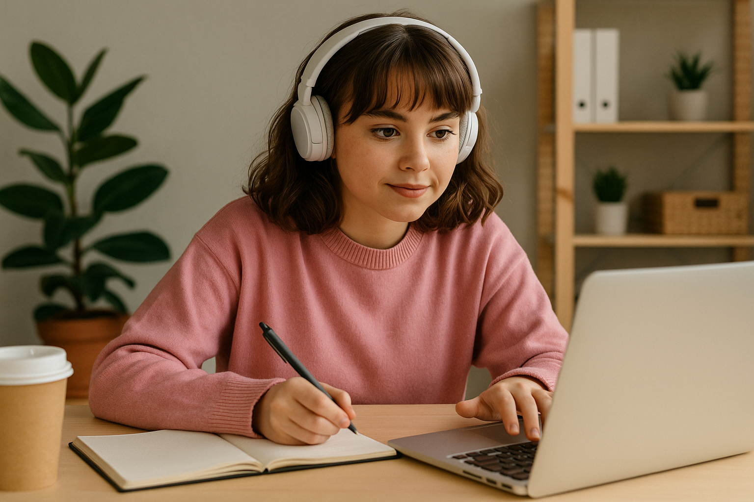 Perempuan Gen Z dengan tampilan cute sedang bekerja di depan laptop dengan headphone