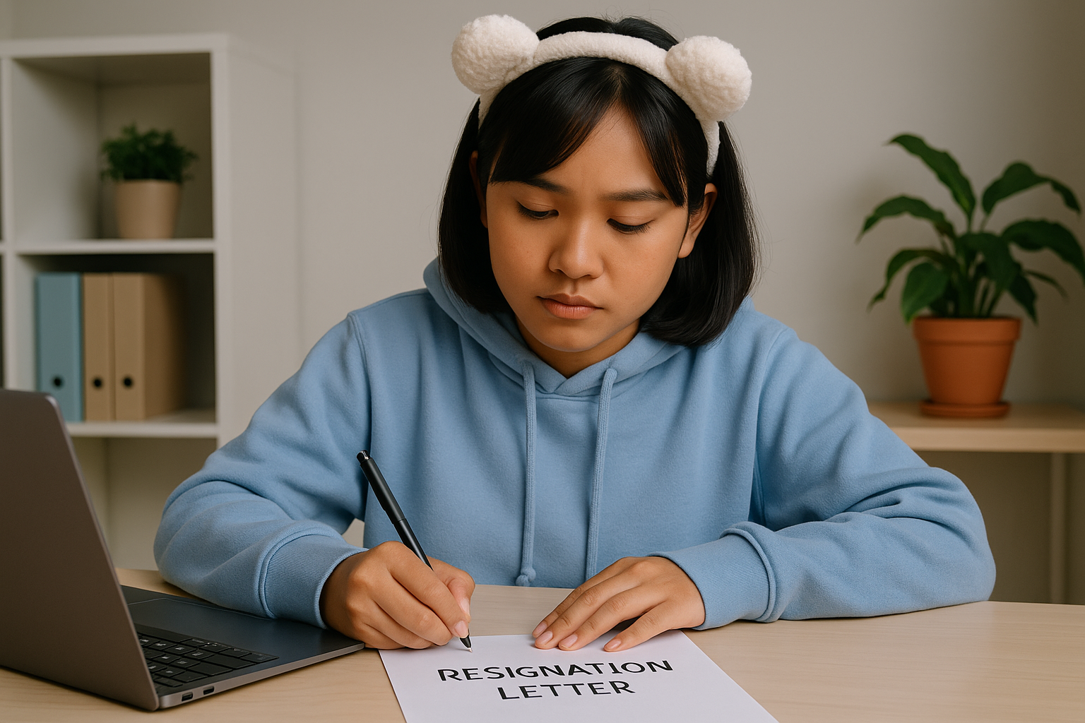 Perempuan Gen Z mengenakan hoodie biru sedang menulis surat resign