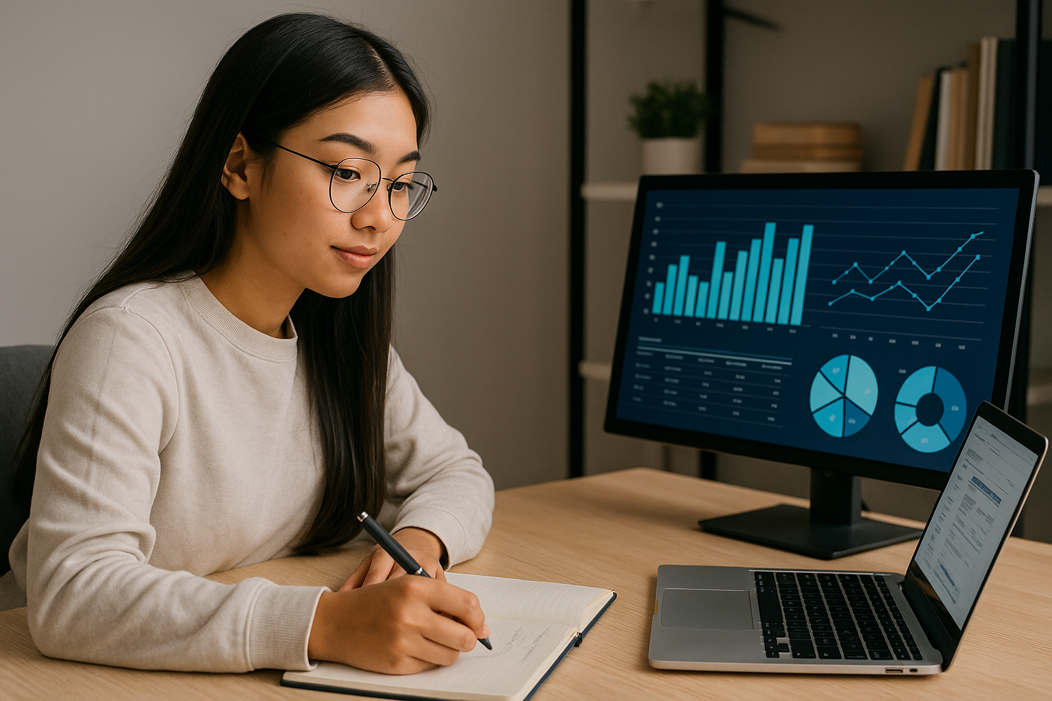 Perempuan Gen Z sedang belajar Data Analyst dengan laptop dan monitor grafik