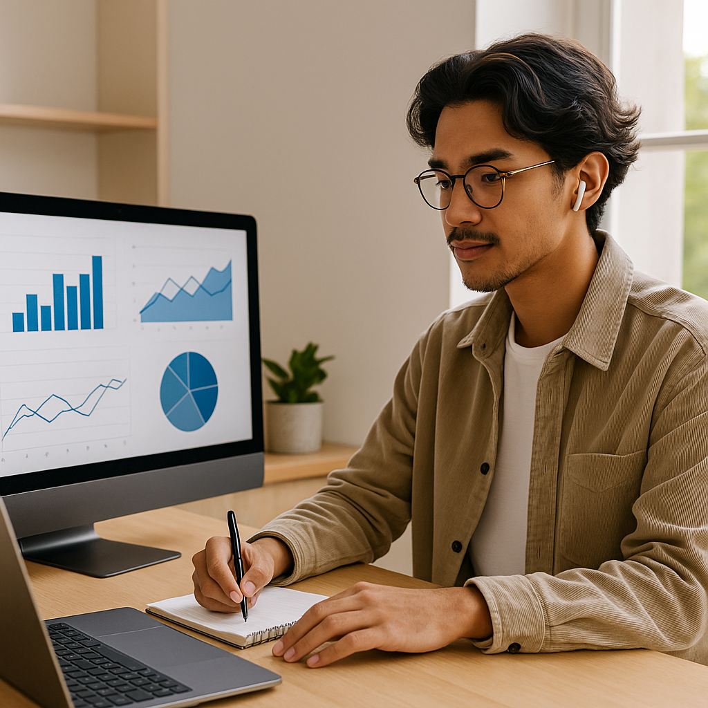 Pria Gen Z stylish sedang membuat dashboard data di komputer