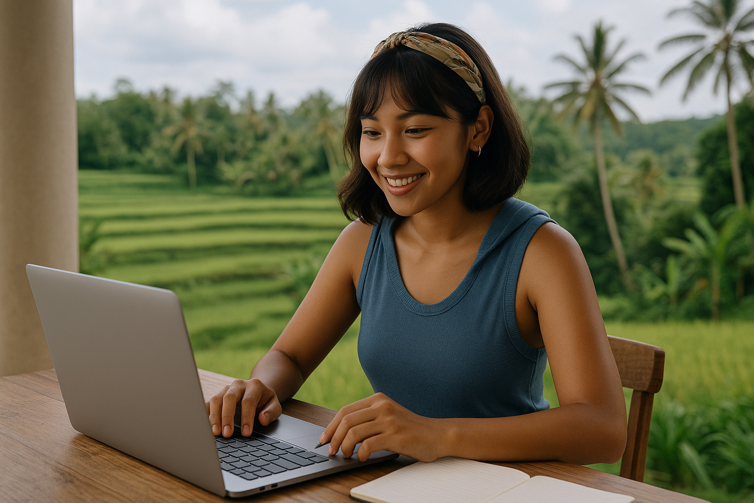 Perempuan Gen Z bekerja dengan laptop di tengah sawah Bali