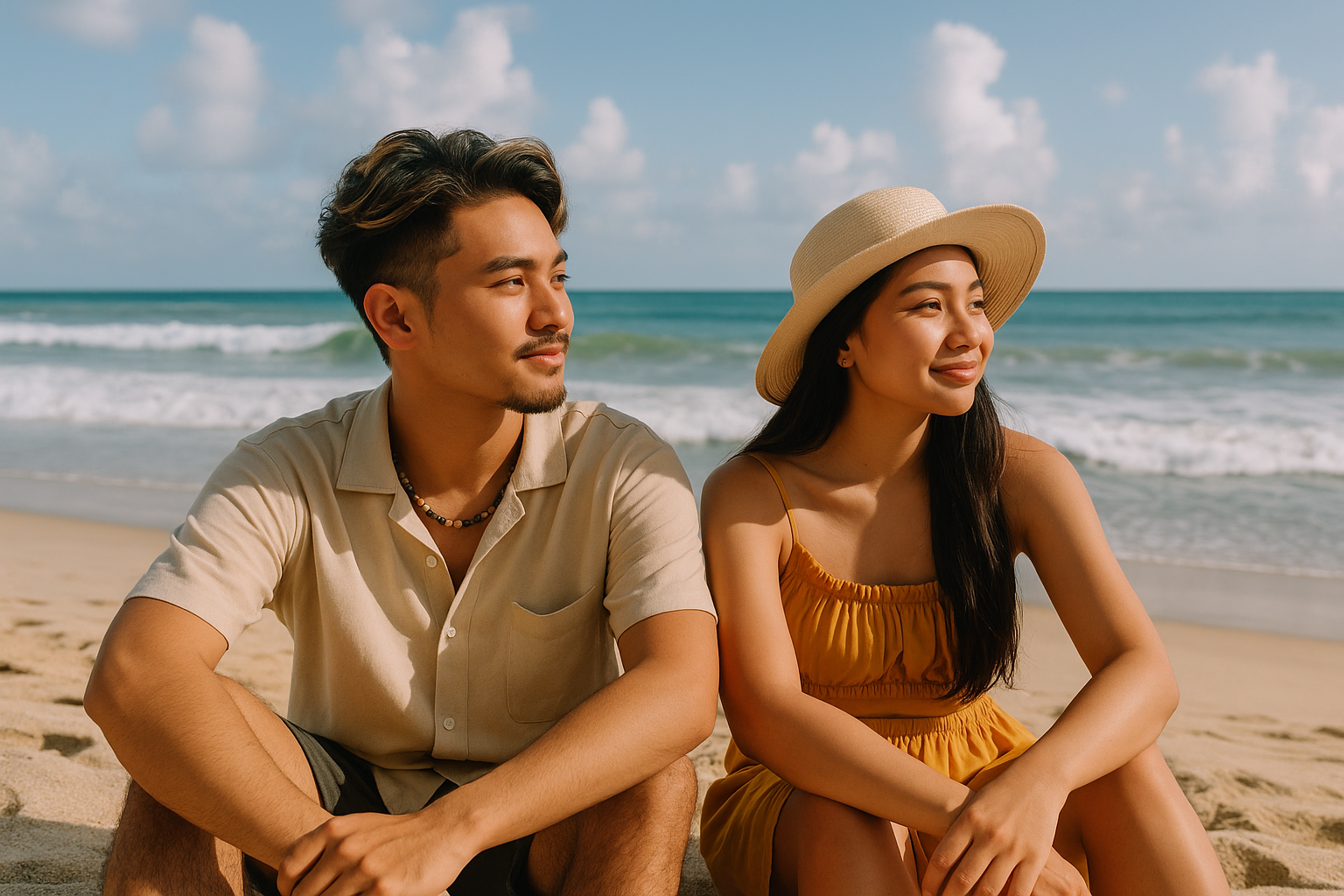 Pria dan wanita Gen Z duduk santai di pantai Bali menikmati suasana