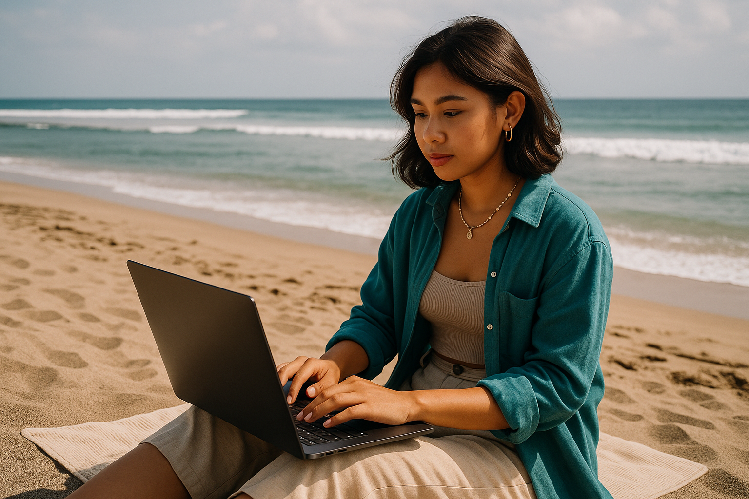 Perempuan Gen Z bekerja dengan laptop di pantai Bali