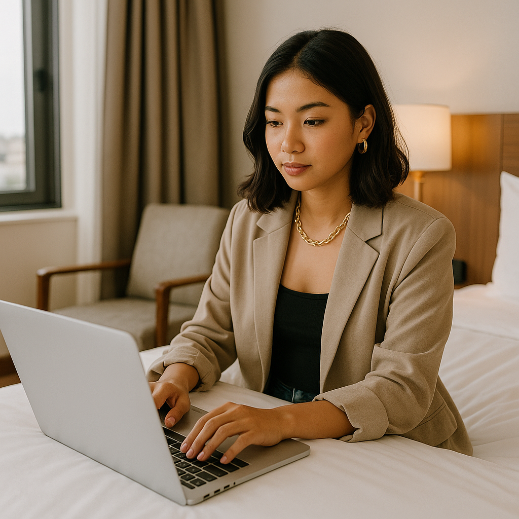 Perempuan Gen Z stylish bekerja dengan laptop di kamar hotel