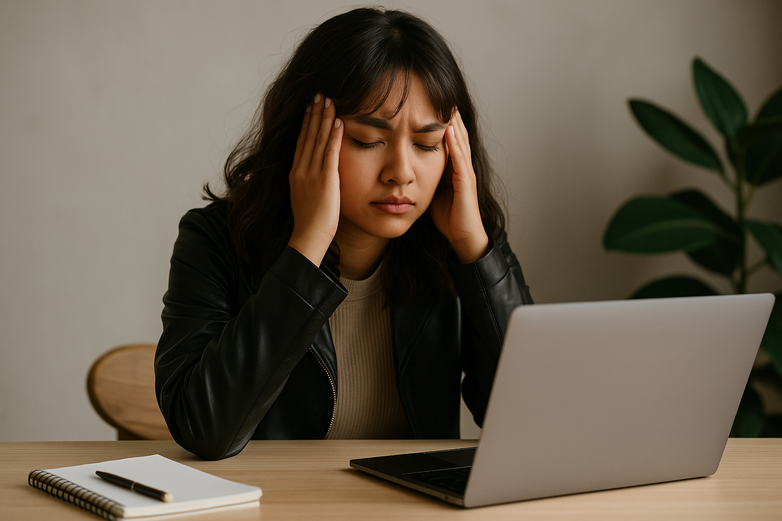 Perempuan Gen Z terlihat burnout di depan laptop sambil memegang kepala