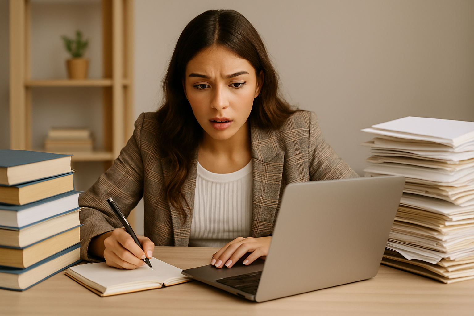 Perempuan Gen Z stylish bekerja keras dengan laptop dan tumpukan dokumen
