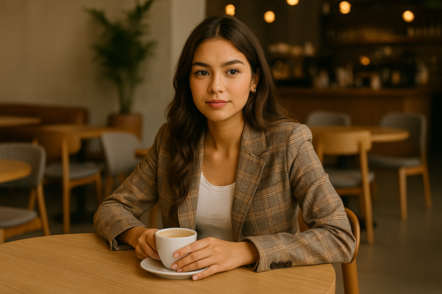 Perempuan Gen Z stylish duduk santai di kafe sambil menikmati kopi