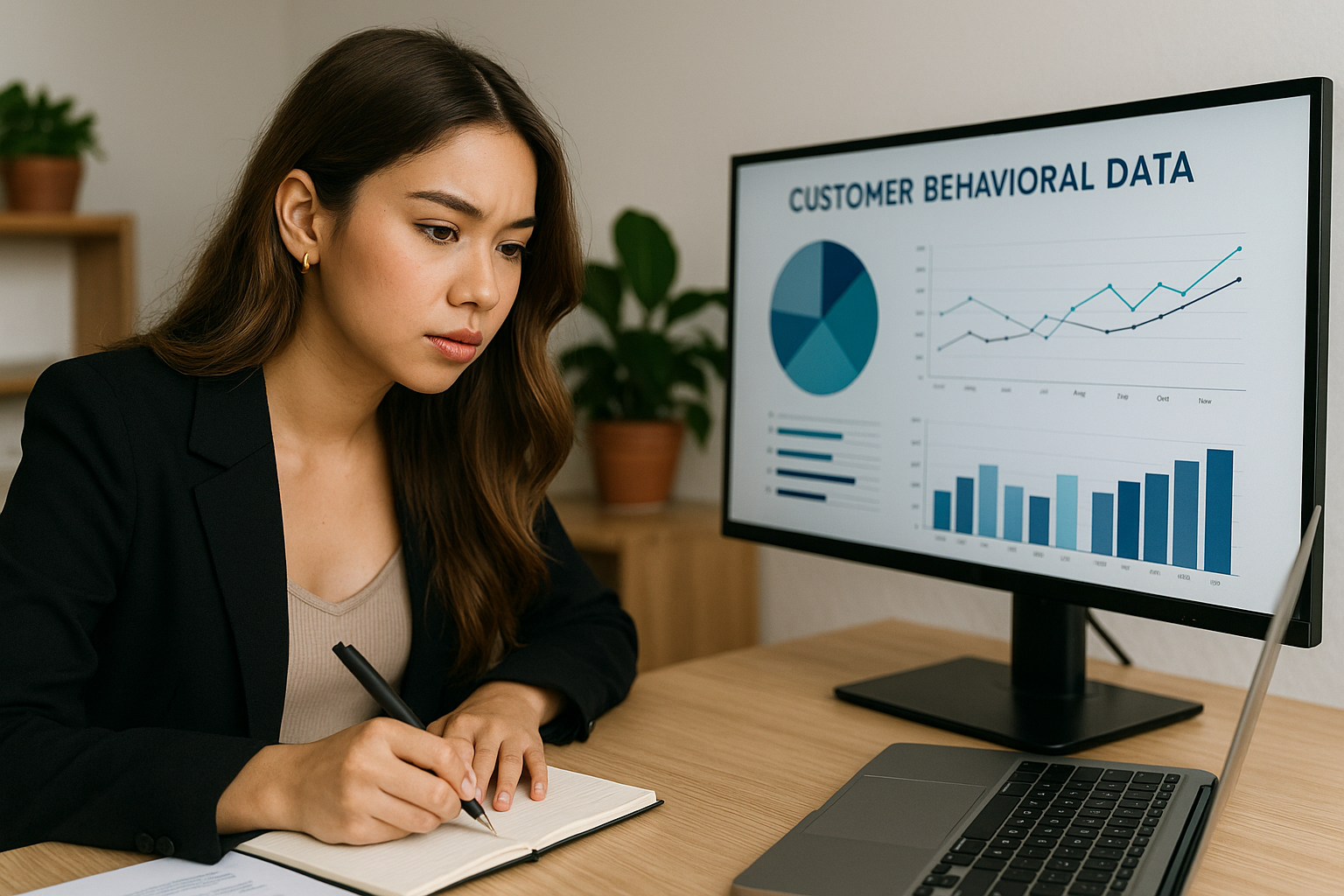 Perempuan Gen Z stylish menganalisis data perilaku customer di depan monitor