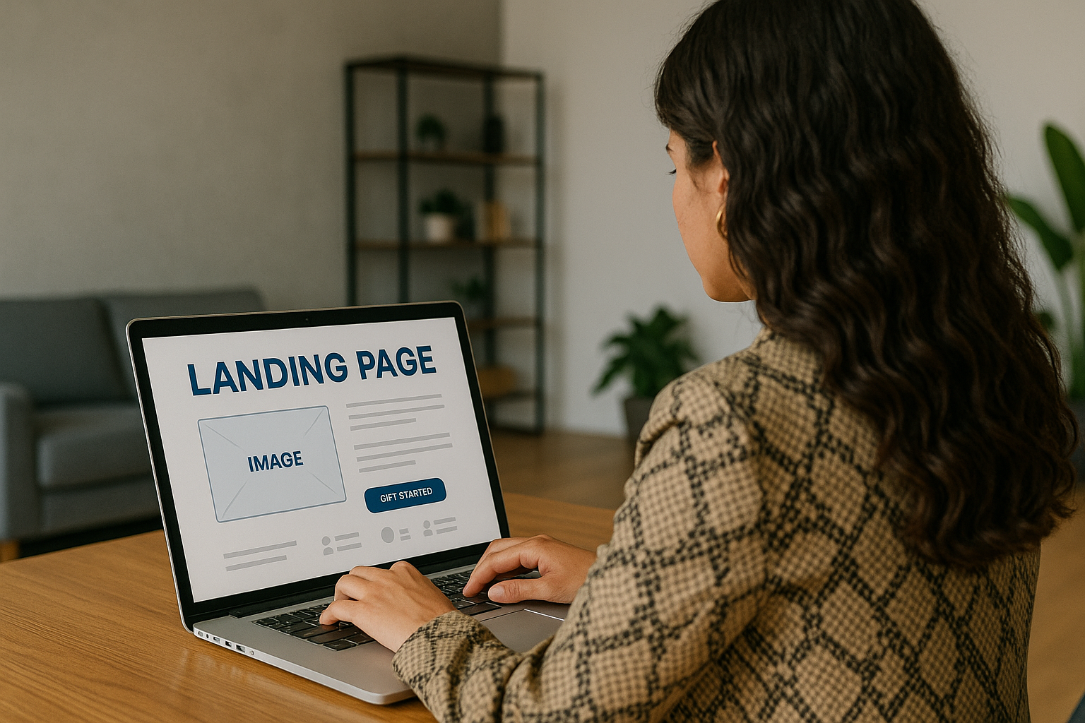 Wanita muda Gen Z sedang mendesain landing page di laptop dalam ruangan modern minimalis.
