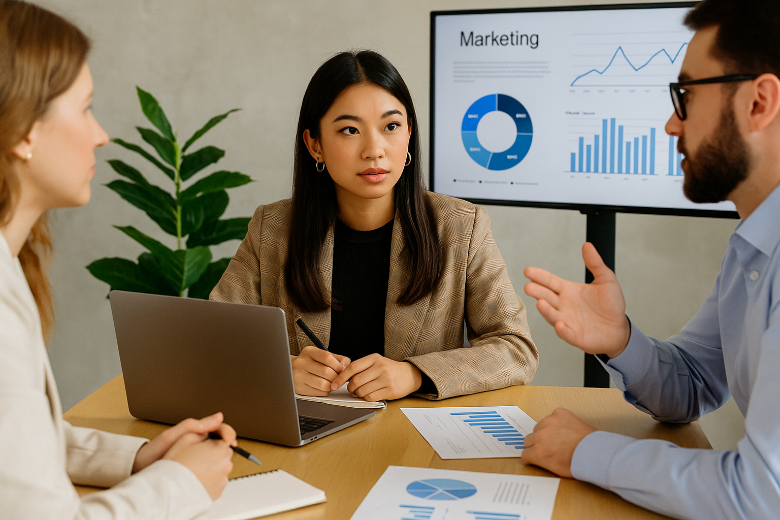 Perempuan Gen Z stylish berdiskusi dengan tim marketing di ruang meeting