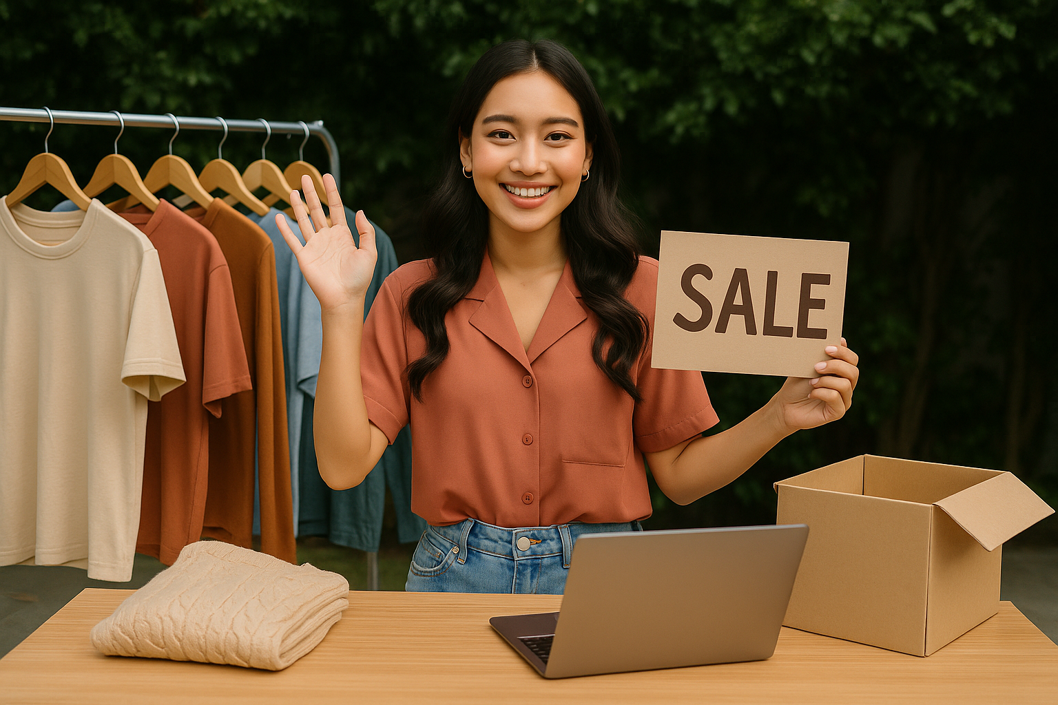Perempuan Gen Z stylish berdiri di stan baju sambil memegang papan SALE