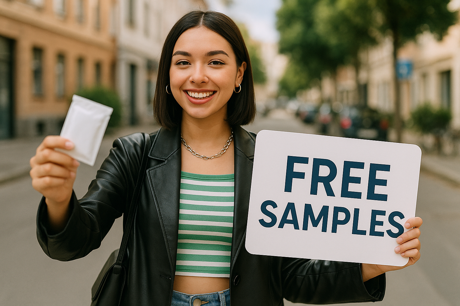 Wanita muda Gen Z membagikan sampel produk gratis di jalan