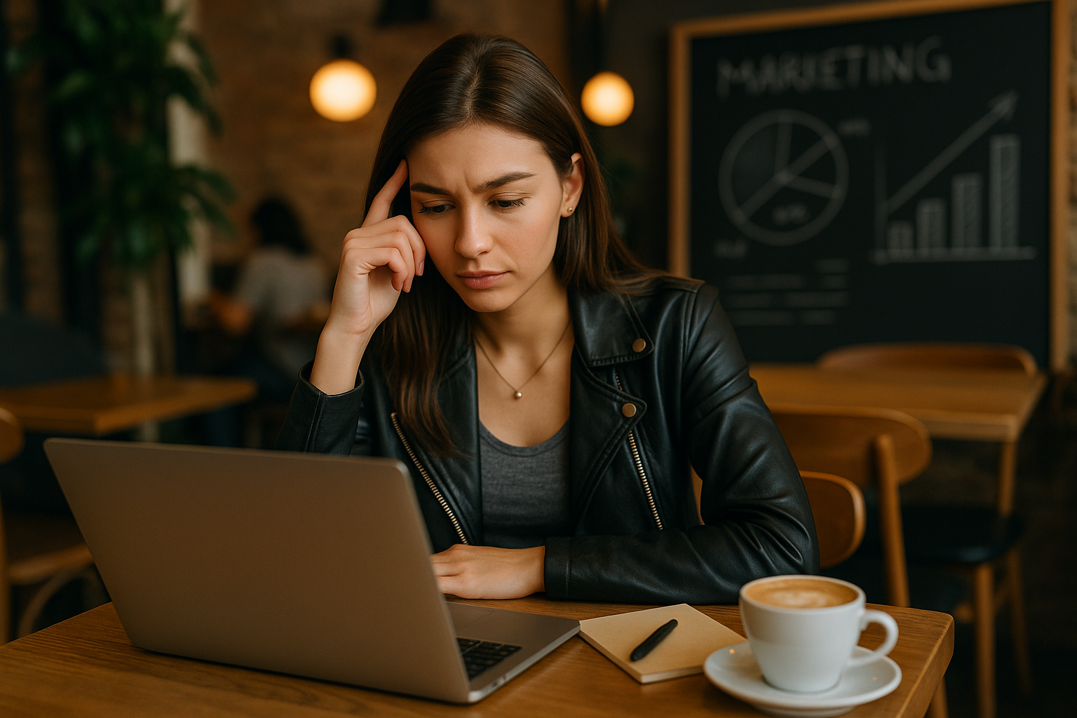 Wanita Gen Z memikirkan strategi marketing di kafe.