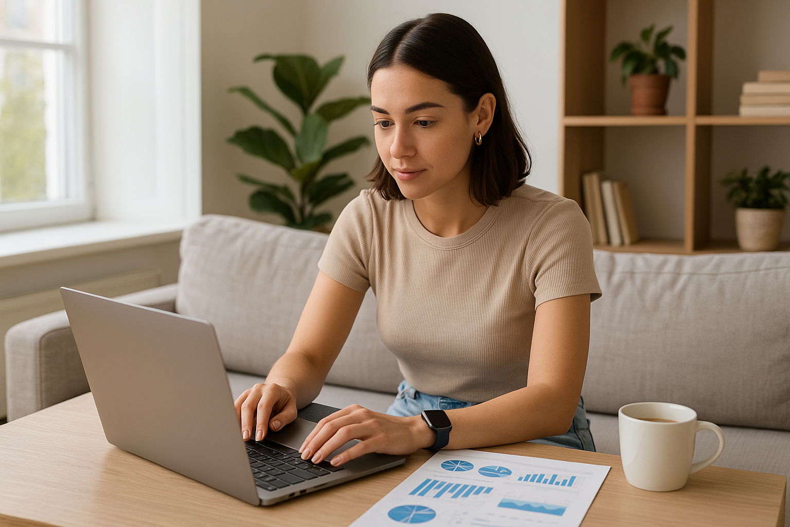 Wanita Gen Z bekerja sebagai Data Analyst dari rumah.