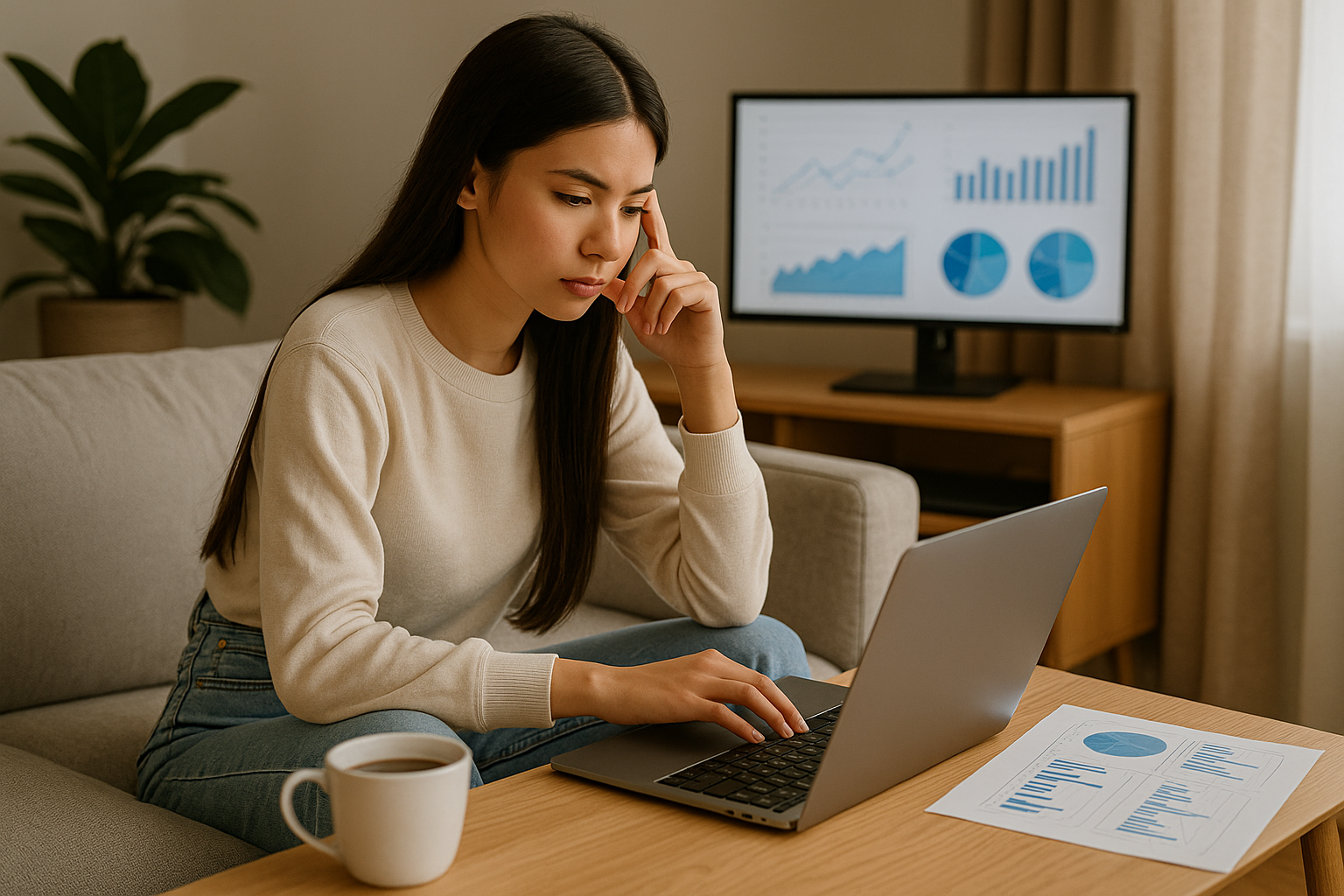 Wanita Gen Z rambut panjang bekerja sebagai Data Analyst dari rumah.