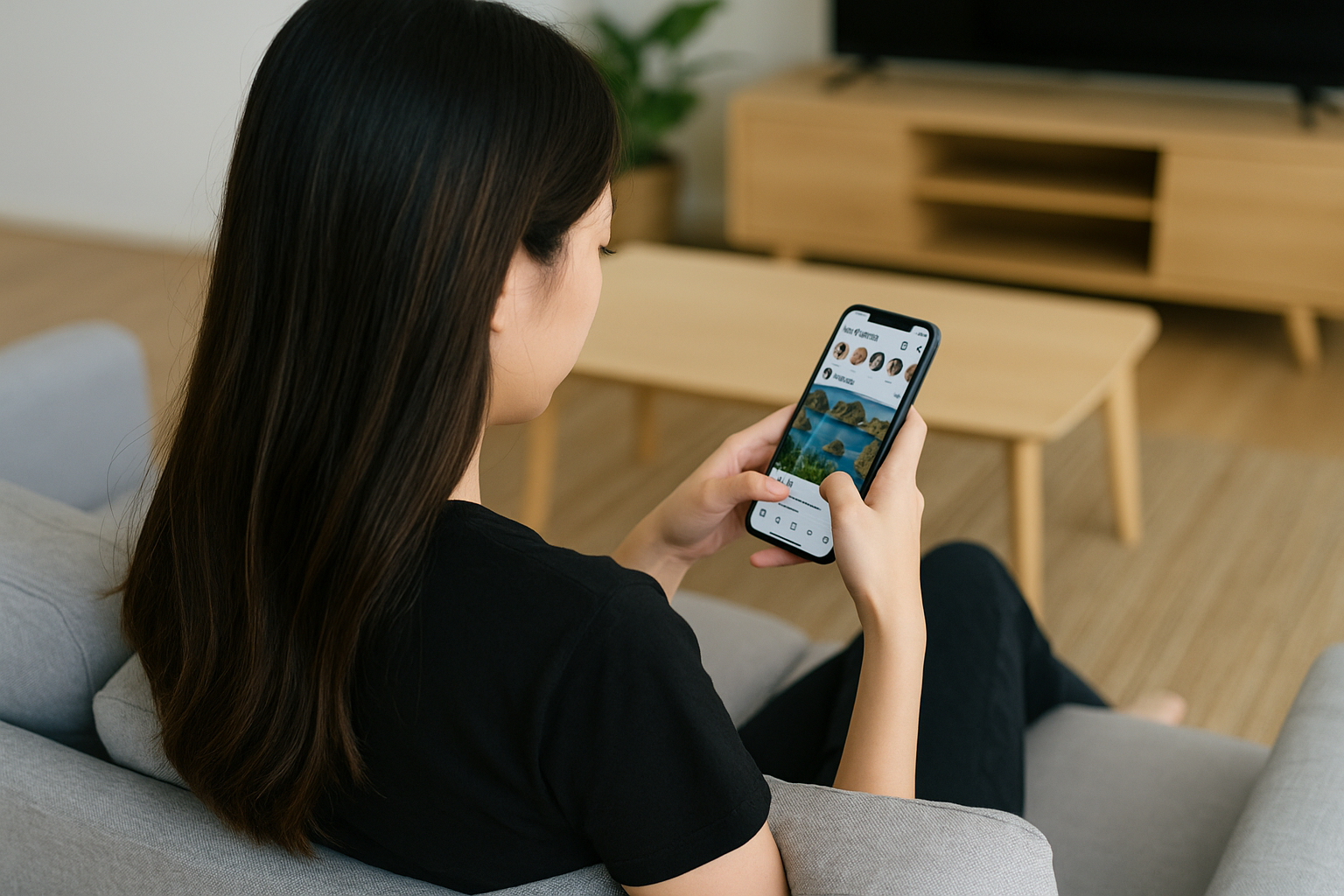 Wanita Chindo Gen Z sedang scroll Instagram dari belakang.
