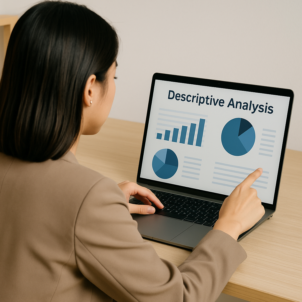 Wanita muda menganalisis data menggunakan metode Descriptive Analysis.