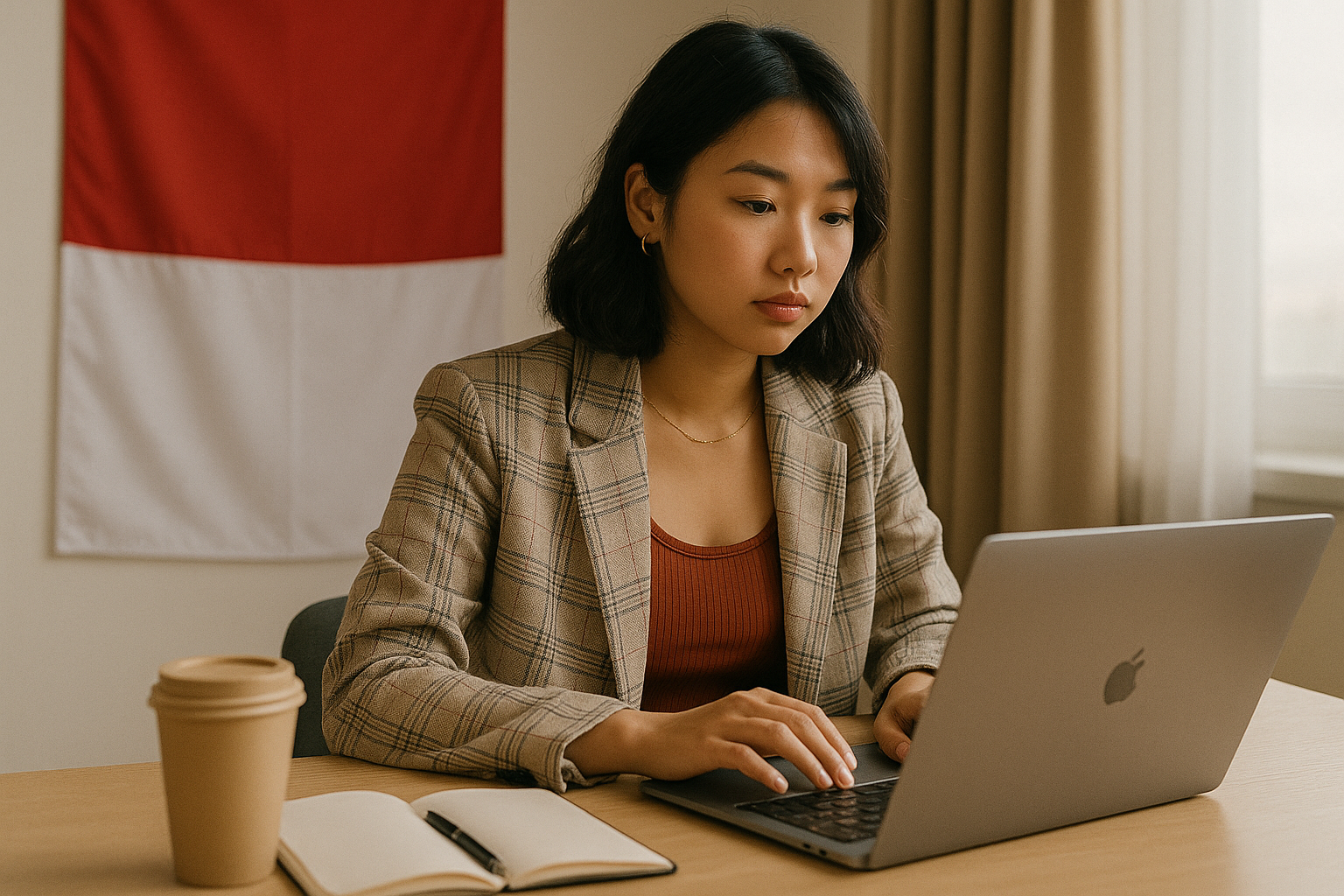 Wanita muda bekerja dengan laptop di depan bendera Indonesia.