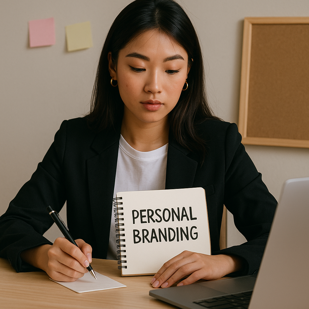 Wanita muda menulis catatan tentang personal branding di meja kerja.