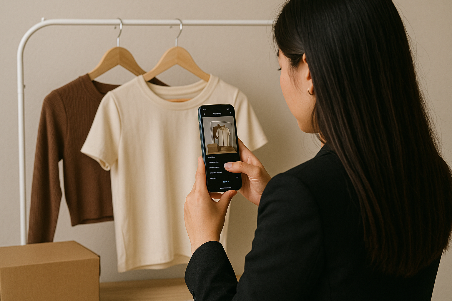 Wanita muda memotret produk fashion untuk dijual di Instagram.